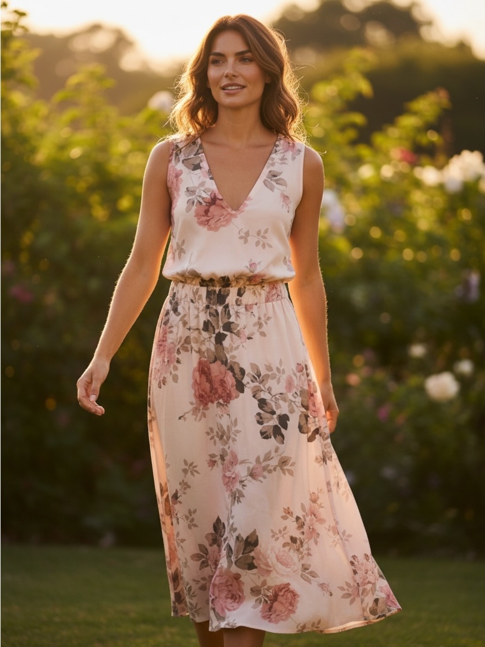 SHEIN Pink Floral V-Neck Maxi Dress